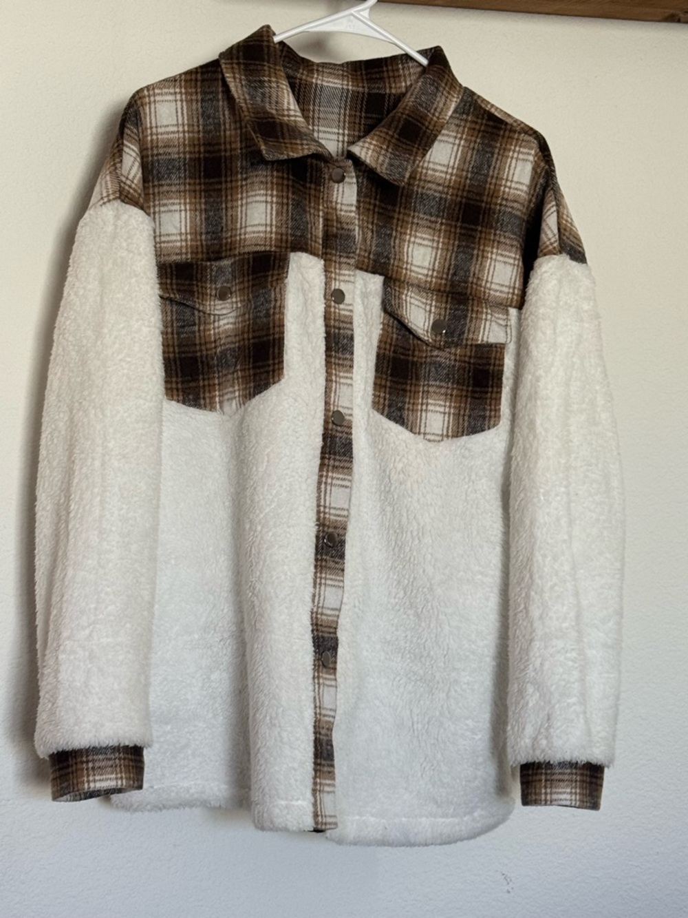 Sherpa-Backed Plaid Button-Up Jacket in Brown and Cream